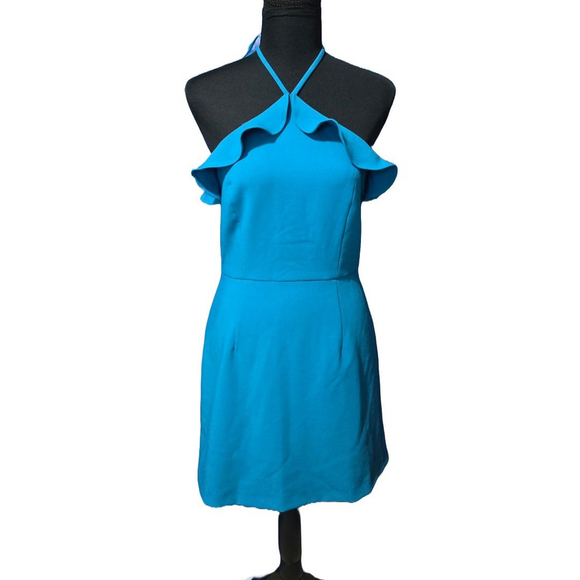 French Connection Size 4 Turquoise Halter Cocktail Dress Ruffle Euro Summer Chic - Picture 2 of 7